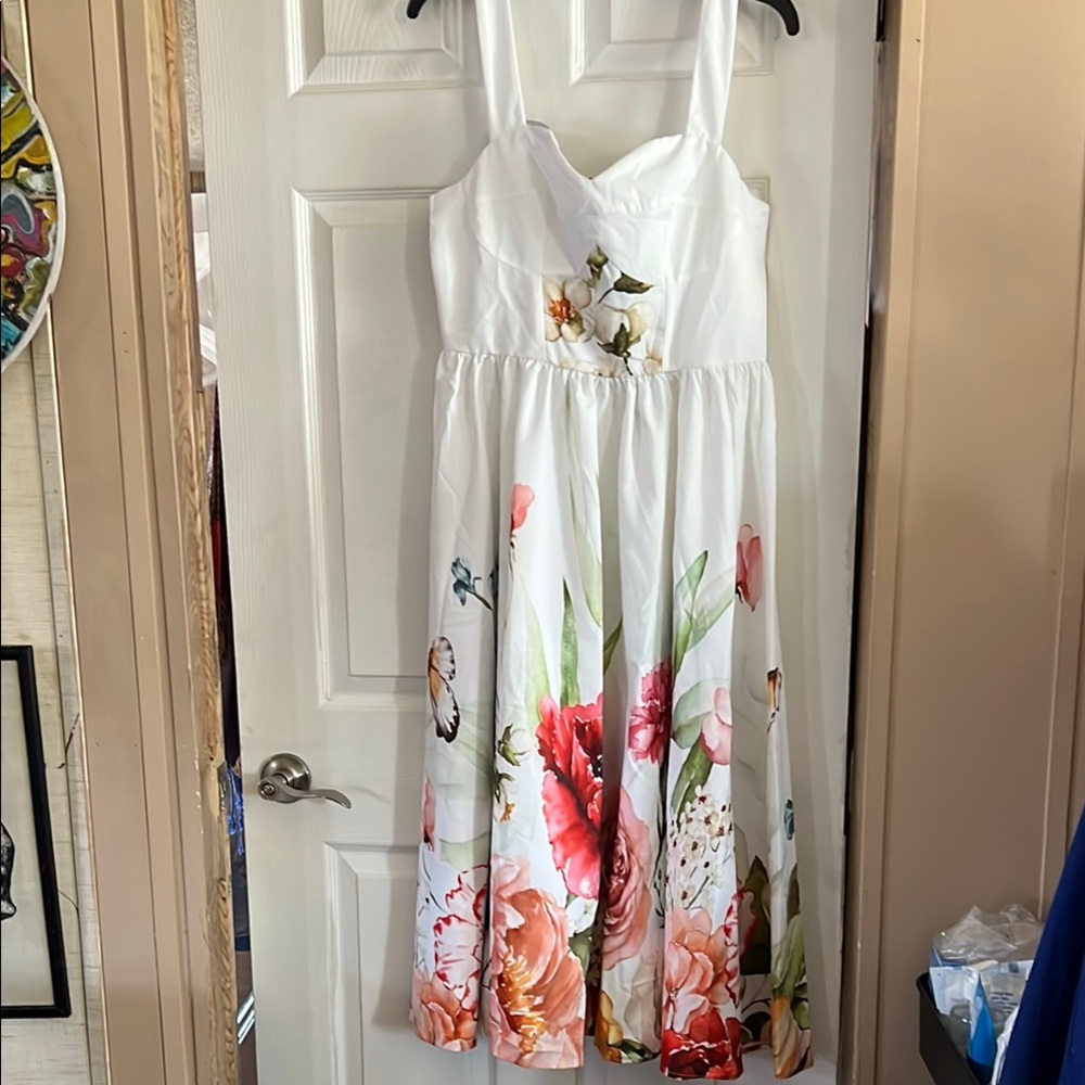 STYLEWE White Orange Sleeveless Sundress Midi for Wedding Guest